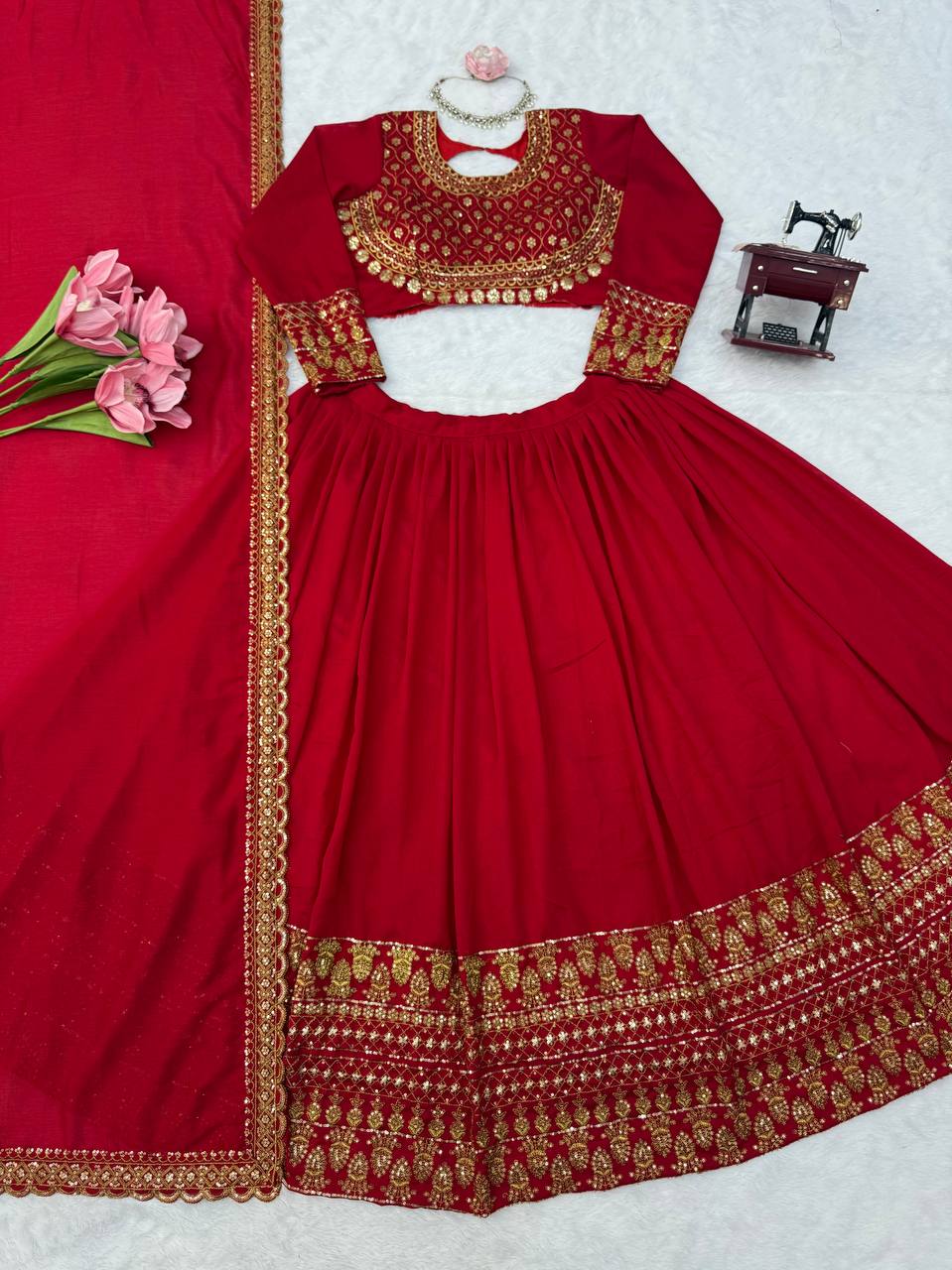 Classic Crimson Red Bridal Lehenga Choli Featuring Opulent Gold Zari Embroidery and Scalloped Borders